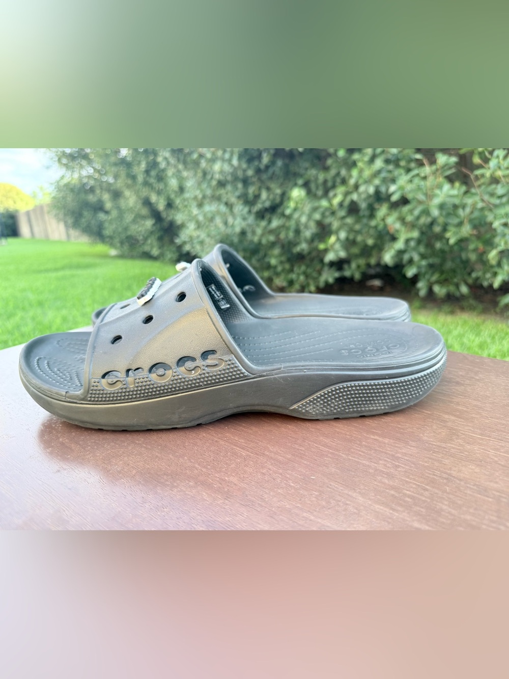 CROCS Black Slide Sandals with Jibbitz Logo size 13 men’s - Picture 3 of 8